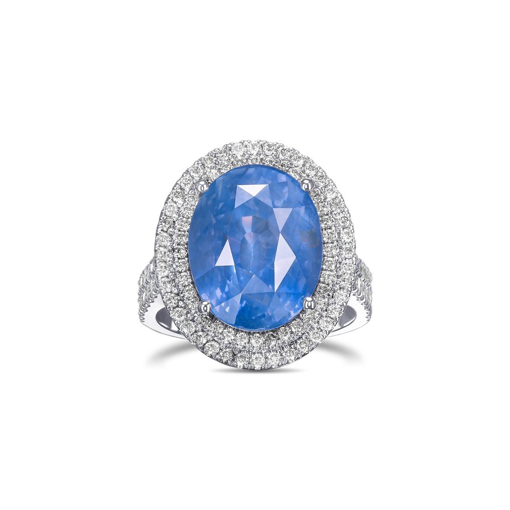BURMA NO HEAT 14.35ct Sapphire & 1.30Ct Diamonds Double Halo - 18 ct. Aur alb - Inel Safir #3.2