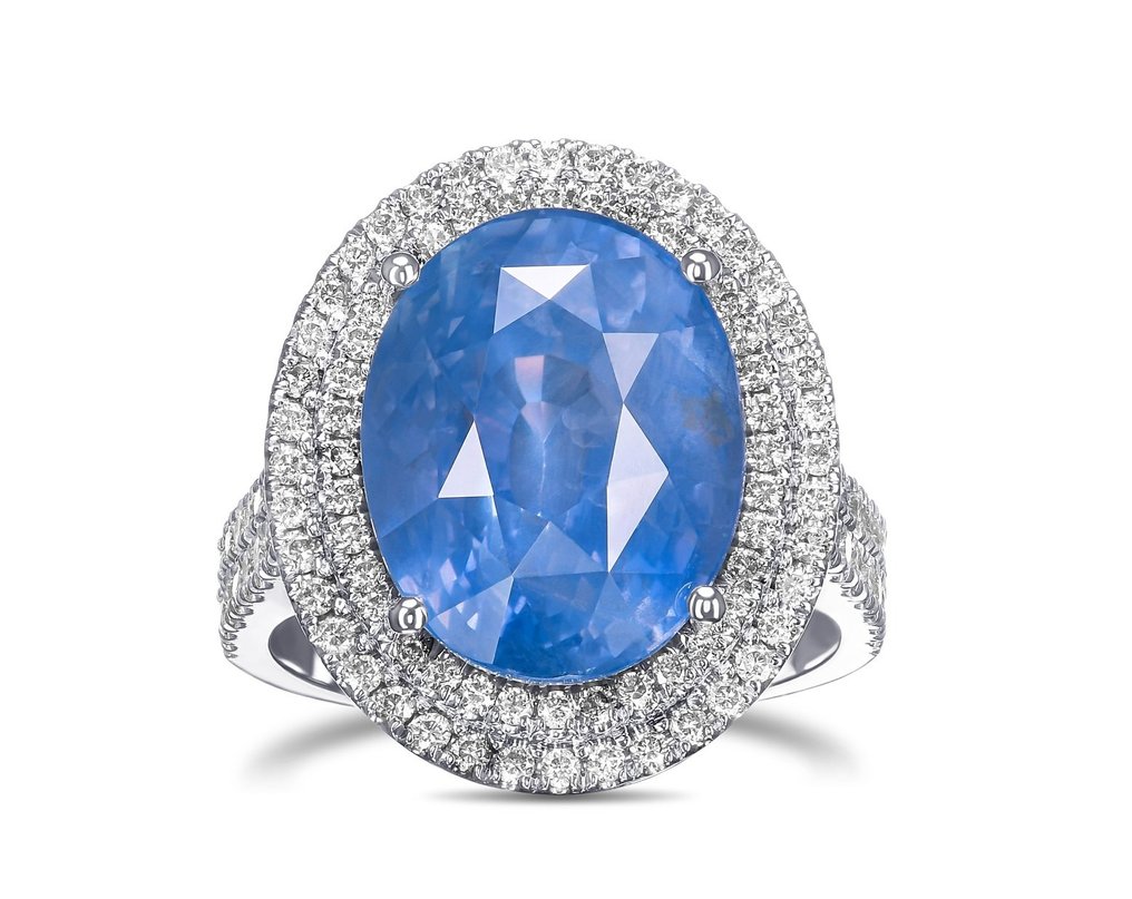 BURMA NO HEAT 14.35ct Sapphire & 1.30Ct Diamonds Double Halo - 18 ct. Aur alb - Inel Safir #1.1
