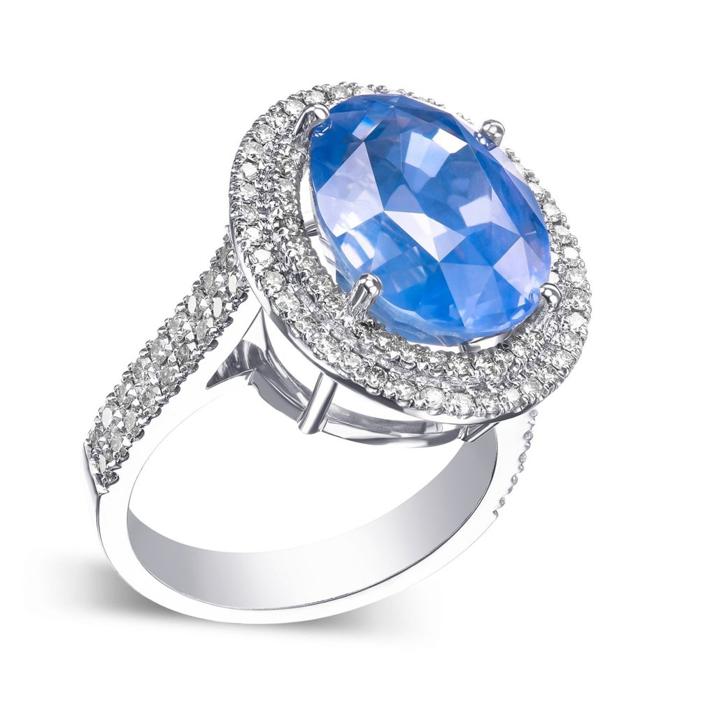 BURMA NO HEAT 14.35ct Sapphire & 1.30Ct Diamonds Double Halo - 18 ct. Aur alb - Inel Safir #2.1