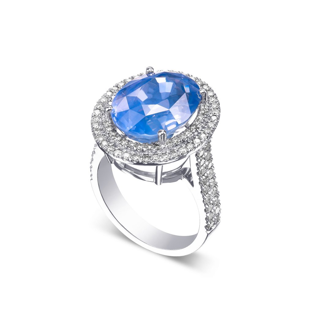 BURMA NO HEAT 14.35ct Sapphire & 1.30Ct Diamonds Double Halo - 18 K Ouro branco - Anel Safira #3.1