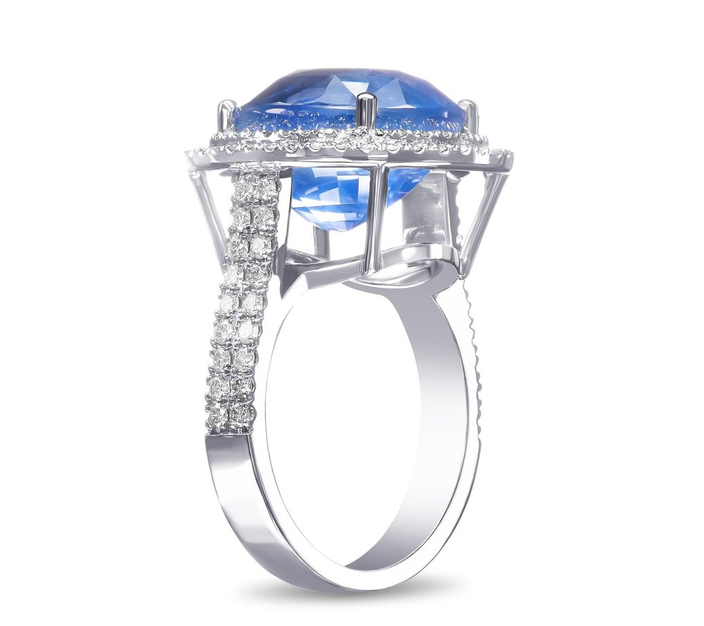 BURMA NO HEAT 14.35ct Sapphire & 1.30Ct Diamonds Double Halo - 18 kt Weißgold - Ring Saphir #2.2
