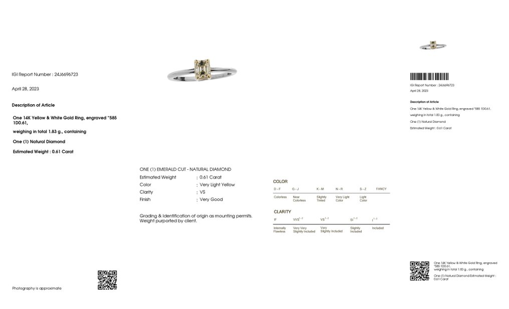 0.61ct Natural Yellow VS Diamond - IGI Report - 14 karaat Geel goud, Witgoud - Ring - 0.61 ct Diamant #2.1