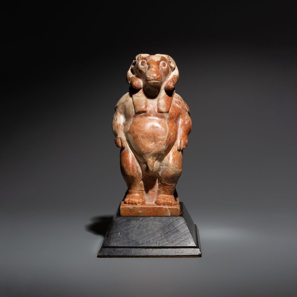 Forntida Egypten Stengodslera Skulptur av Bes i panteistisk form som en apotropaisk gud. 12,2 cm H. #3.2