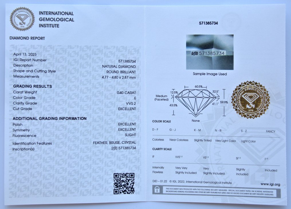 1 pcs Diamant  (Natuurlijk)  - 0.40 ct - Rond - E - VVS2 - International Gemological Institute (IGI) - *3EX* #2.1