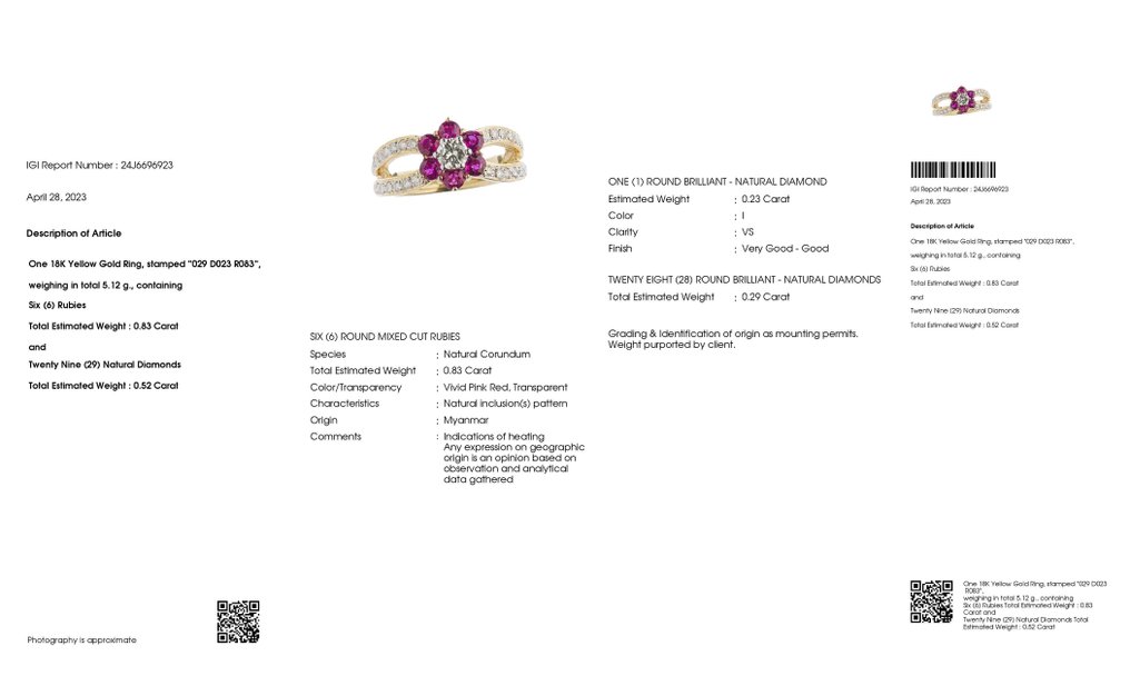 戒指 - 18K包金 黄金 -  1.35ct. tw. 钻石  (天然) - 红宝石 #2.1