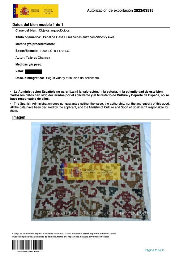 Culture Chançay Dentelle de gaze de coton avec certificat d'exportation espagnol. (Monté sur feuille de toile) Tissu de tête tissé. 4 guerriers avec bâton et motifs géométriques de serpent aviaire. - 114 cm #2.2