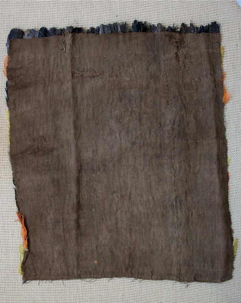 莫切-奇穆 棉质仪式斗篷黑鹈鹕神挂毯上的羽毛作品。拥有西班牙文化遗产 白色背景，下边缘有橙色波浪（黄色、橙色、黑色和白色羽毛） - 60×0.05×60 cm - (1) #2.2