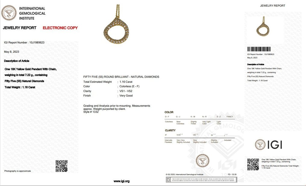 IGI Certificate - 18K包金 黄金 - 项链配吊坠 - 1.16 ct 钻石 #3.1