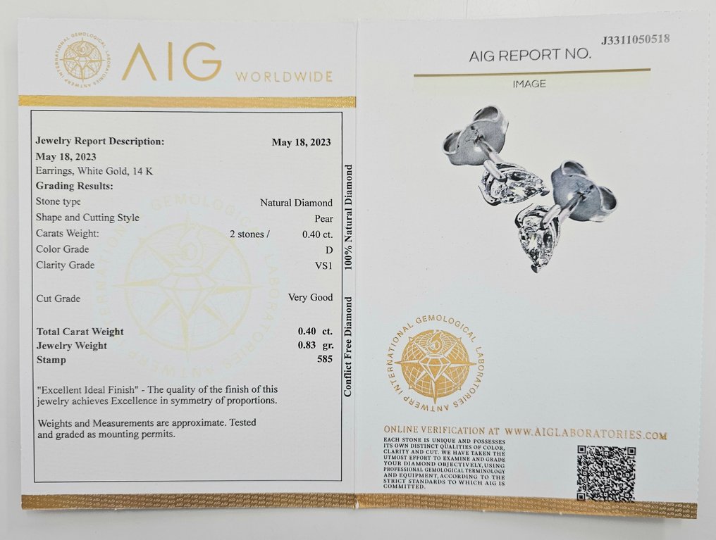 14 ct. Aur alb - Cercei - 0.40 ct Diamant - D/VS1 - Forma de para - Certificat #2.1