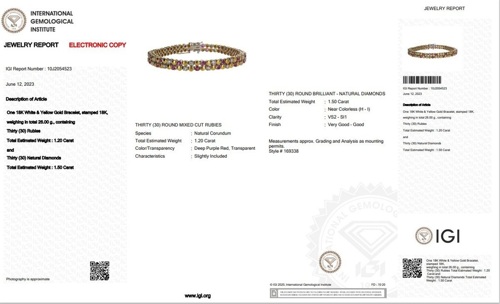 IGI Certificate - 2.70 total ct of rubies and natural diamonds - 18 kt. Keltakulta, Valkokulta - Rannekoru - 1.20 ct Rubiini - Timantit #3.2