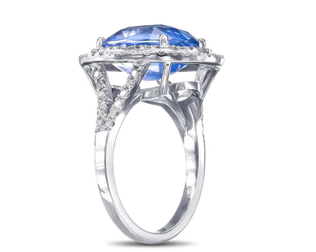 GRS 9.62 Carat Ceylon Blue Sapphire & 1.02Ct Diamonds Halo - 18 karat Hvitt gull - Ring - 9.62 ct Safir - Diamanter #2.1
