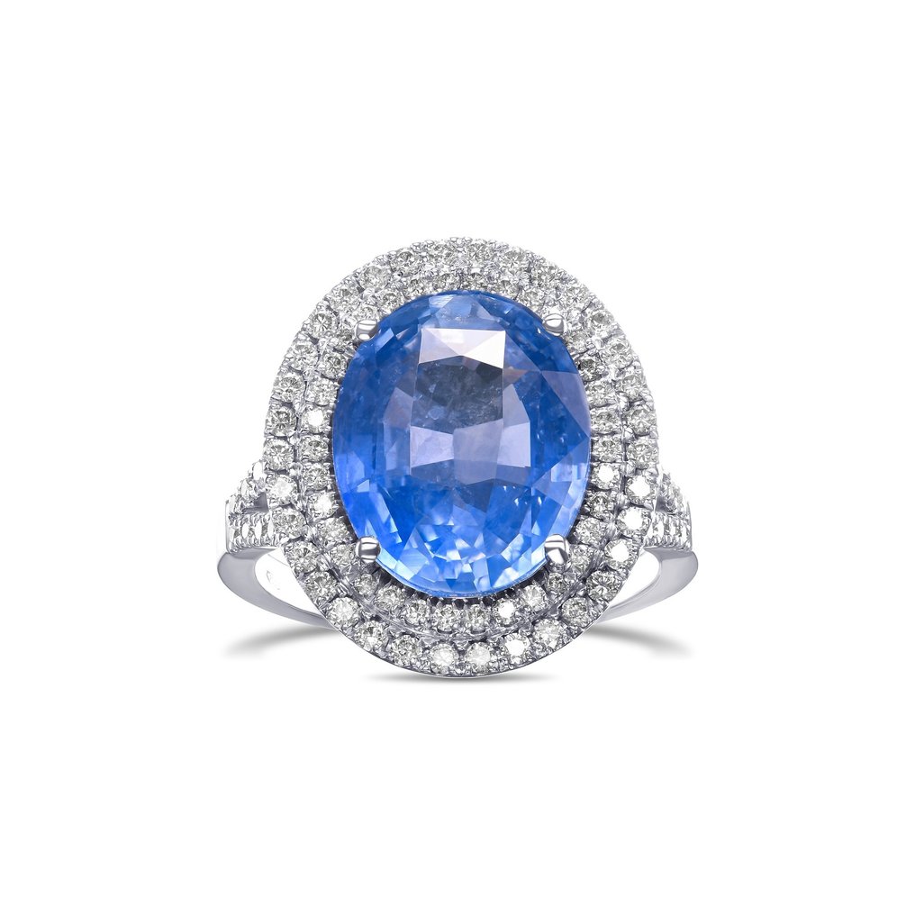 GRS 9.62 Carat Ceylon Blue Sapphire & 1.02Ct Diamonds Halo - 18 karat Hvitt gull - Ring - 9.62 ct Safir - Diamanter #3.3