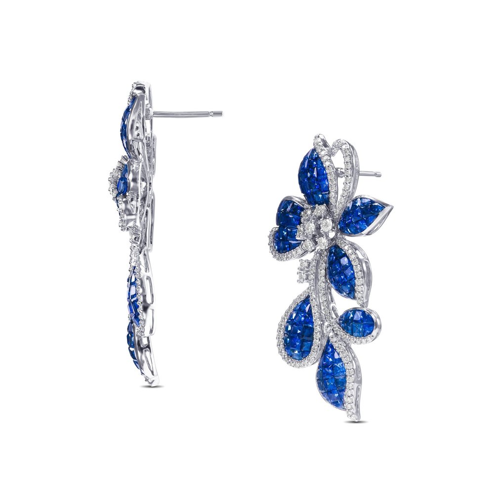 AAA 15.94cttw "Invisible" Blue Sapphire & 0.82 Diamonds Earrings - 18 kt. White gold - Earrings - 15.94 ct Sapphire - Diamonds #3.1
