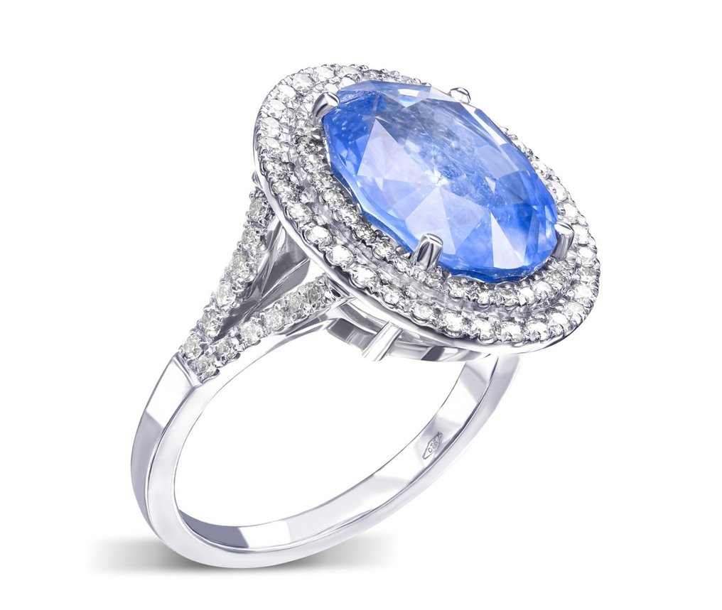 GRS 9.62 Carat Ceylon Blue Sapphire & 1.02Ct Diamonds Halo - 18 karat Hvitt gull - Ring - 9.62 ct Safir - Diamanter #2.2