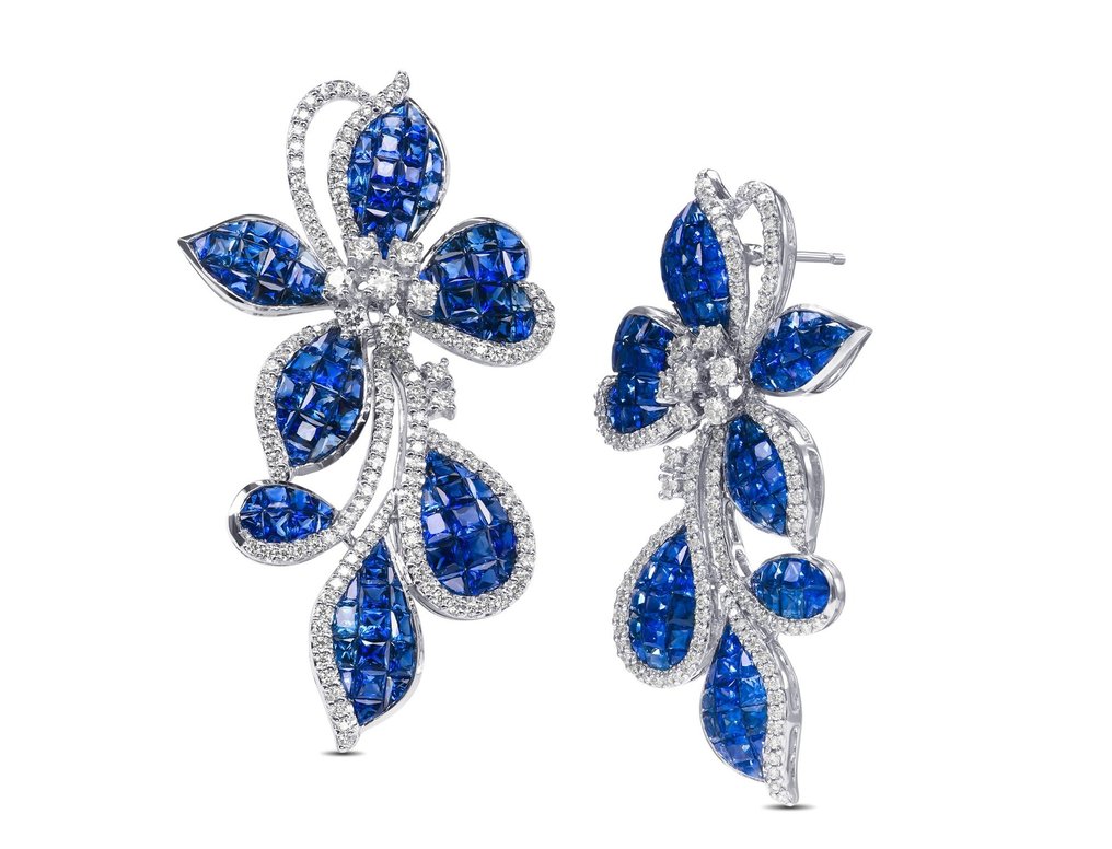 AAA 15.94cttw "Invisible" Blue Sapphire & 0.82 Diamonds Earrings - 18 kt. White gold - Earrings - 15.94 ct Sapphire - Diamonds #1.1