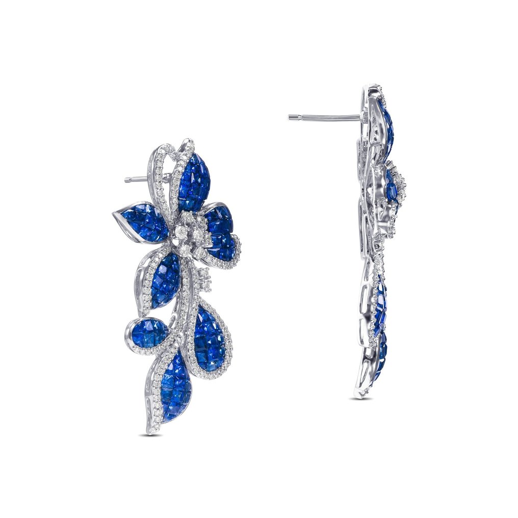 AAA 15.94cttw "Invisible" Blue Sapphire & 0.82 Diamonds Earrings - 18 kt. White gold - Earrings - 15.94 ct Sapphire - Diamonds #3.2