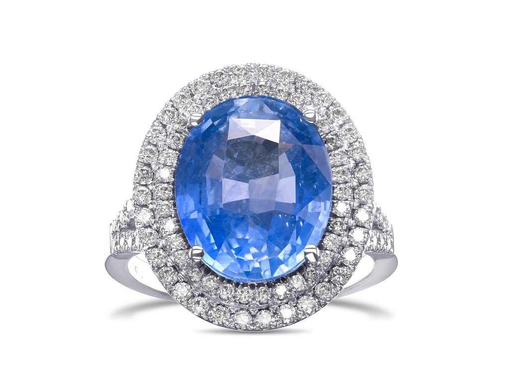 GRS 9.62 Carat Ceylon Blue Sapphire & 1.02Ct Diamonds Halo - 18 karat Hvitt gull - Ring - 9.62 ct Safir - Diamanter #1.1