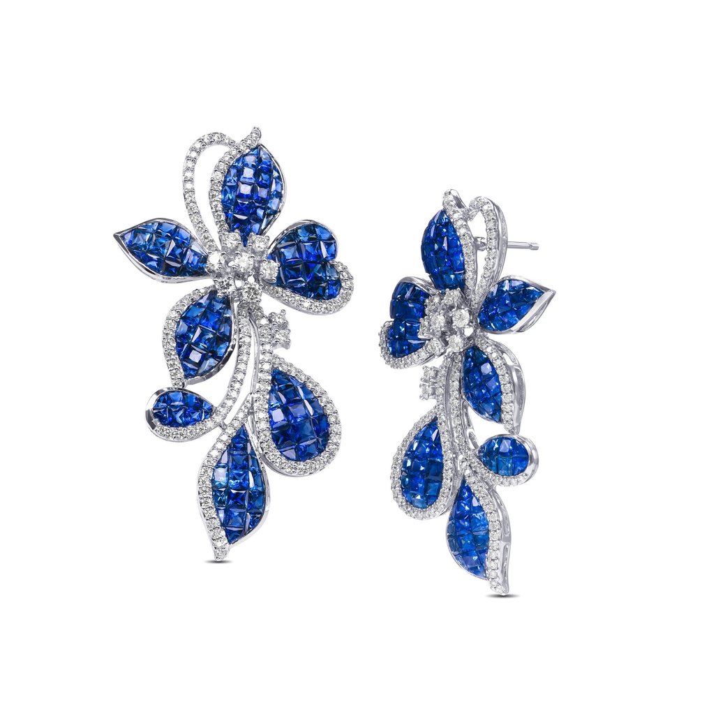 AAA 15.94cttw "Invisible" Blue Sapphire & 0.82 Diamonds Earrings - 18 kt. White gold - Earrings - 15.94 ct Sapphire - Diamonds #2.1