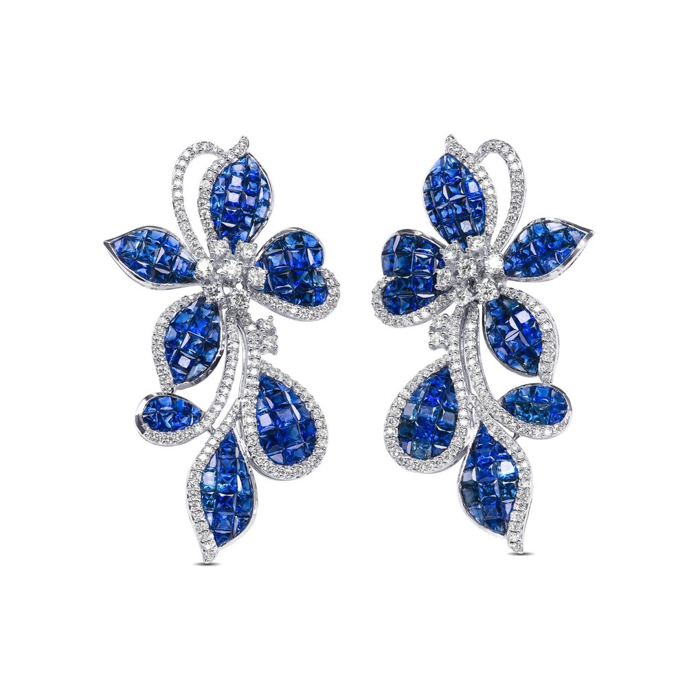 AAA 15.94cttw "Invisible" Blue Sapphire & 0.82 Diamonds Earrings - 18 kt. White gold - Earrings - 15.94 ct Sapphire - Diamonds #2.2