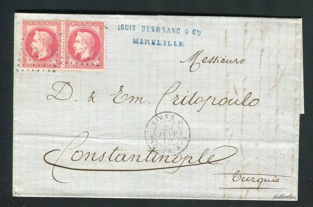 Γαλλία 1872 - Υπέροχη & Σπάνια επιστολή με διπλά ταχυδρομικά τέλη από τη Μασσαλία στην Κωνσταντινούπολη με ένα #1.1