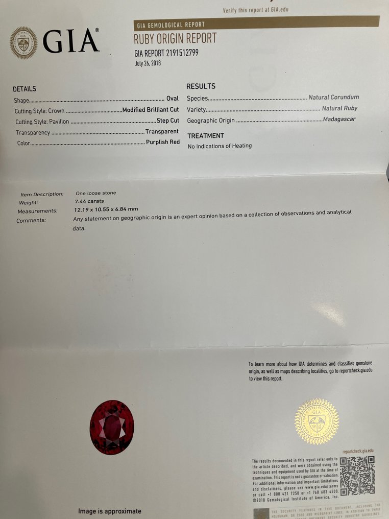 1 pcs  红色 红宝石  - 7.44 ct - 美国宝石研究院（GIA） - GRS #3.2