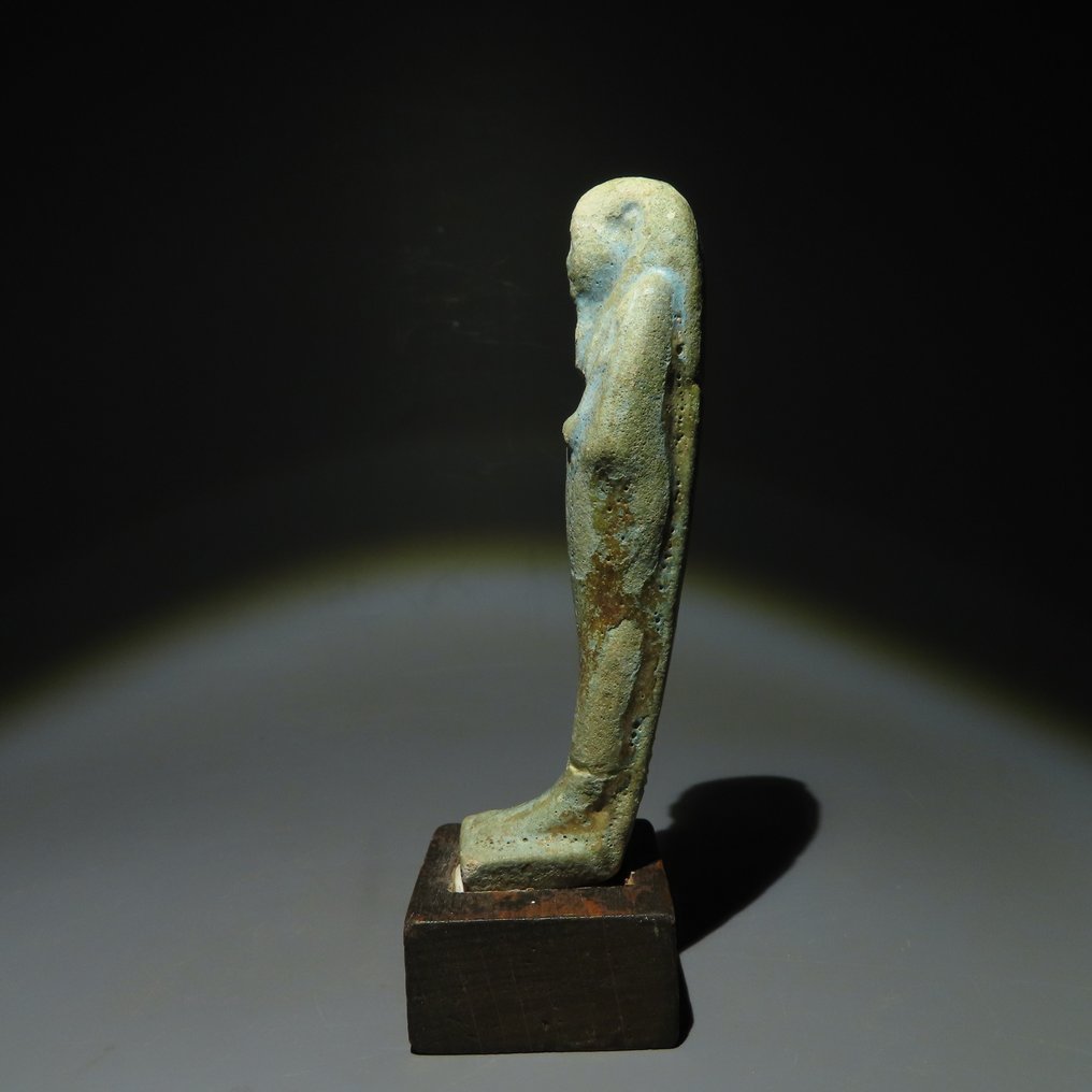 Altägyptisch Fayence Uschebti. Spätzeit 664-332 v. Chr. 11 cm H. Spanische Exportlizenz. #2.1