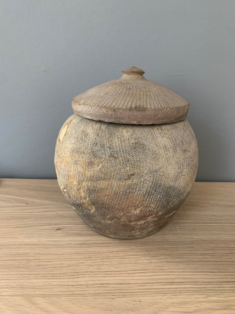 古代越南-汉代- Terracotta - 带盖储物罐 - 20 cm #2.1