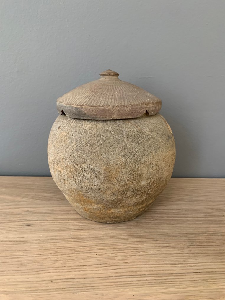 古代越南-汉代- Terracotta - 带盖储物罐 - 20 cm #1.2