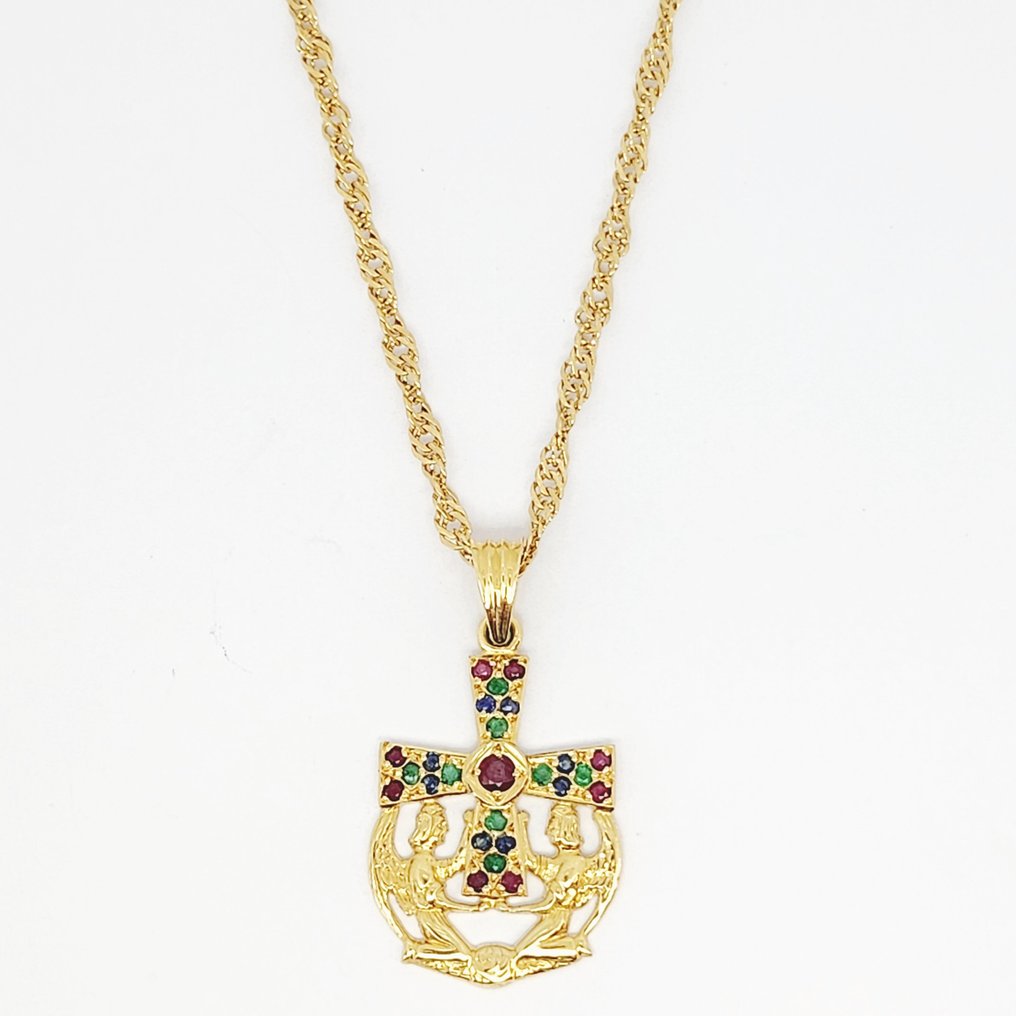 18 kt Gelbgold - Halskette mit Anhänger - 0.27 ct Rubin - Saphire, Smaragde #1.1