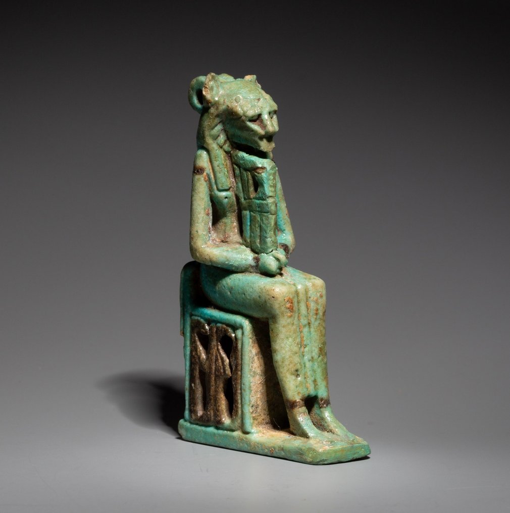 Ancient Egyptian Faience Amulet of the goddess Sekhmet. Late Period, 664 - 323 BC. 7 cm H. Spanish Export License. #1.1