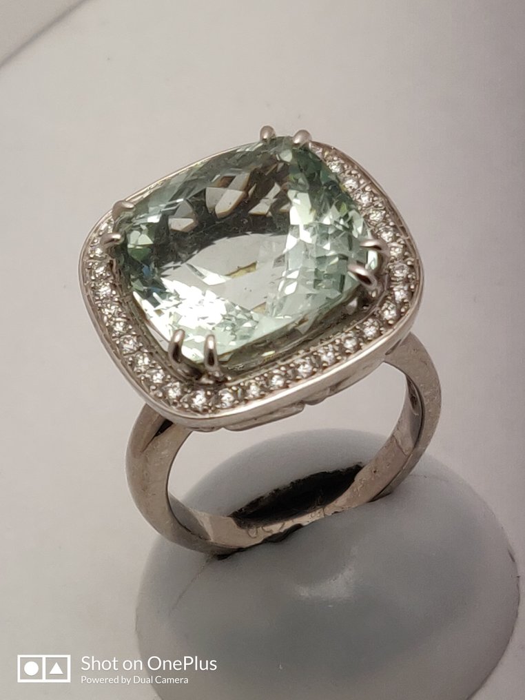 18 ct. Aur alb - Inel - 14.35 ct Aquamarine - Diamante #1.2