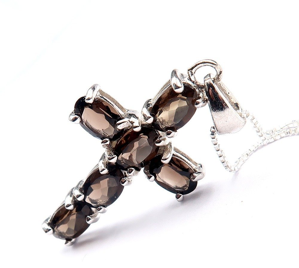 Argento, Collier de la Croix en Cristal de Roche Fumé : Protezione e Purificazione - Argento 925 - Collana con ciondolo #1.0