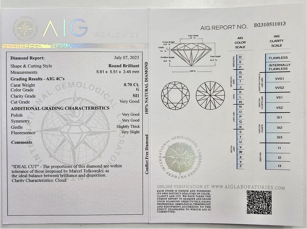1 pcs Diamant  (Natural)  - 0.70 ct - Rotund - G - SI1 - (AIG Israel) Laboratoarele gemologice internaționale din Anvers #2.1