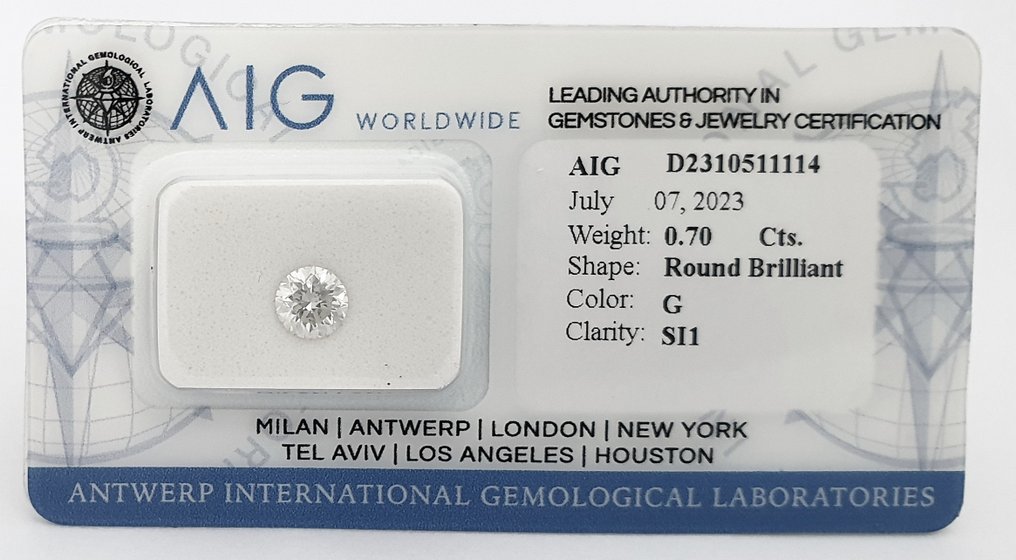 1 pcs Diamante  (Naturale)  - 0.70 ct - Rotondo - G - SI1 - Antwerp International Gemological Laboratories (AIG Israele) #3.1