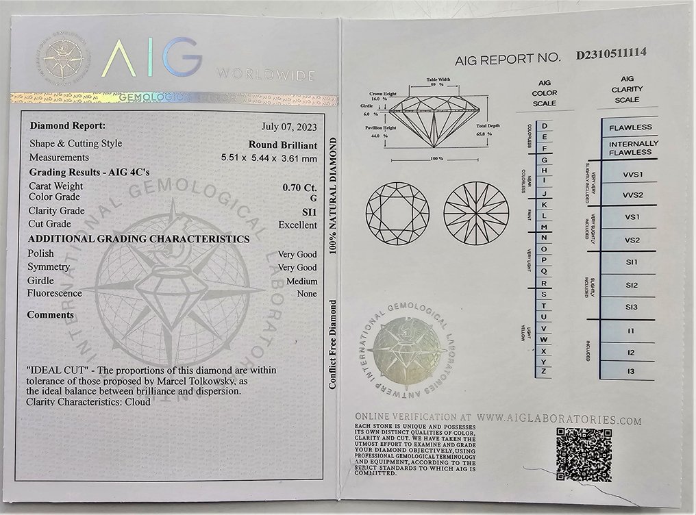 1 pcs Diamante  (Naturale)  - 0.70 ct - Rotondo - G - SI1 - Antwerp International Gemological Laboratories (AIG Israele) #2.1