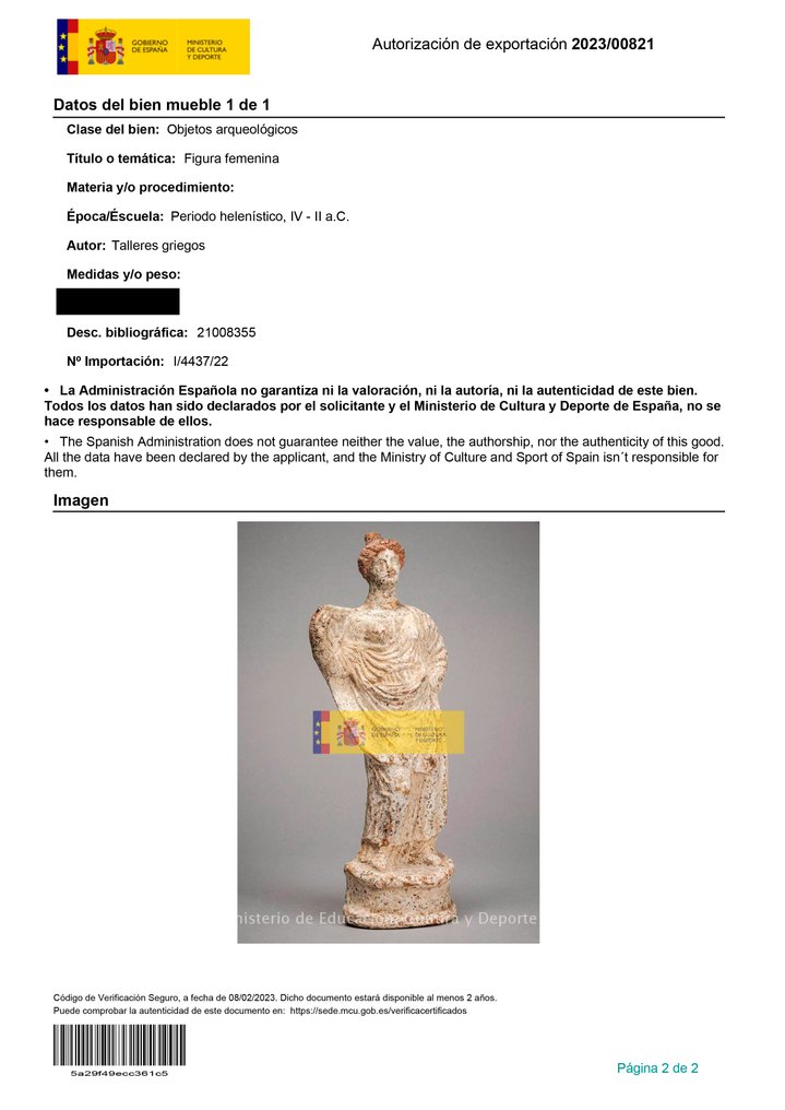 Antikens Grekland Terrakotta Mycket fin votiv skulptur kvinnlig figur. TL-test. H. 26 cm. Spansk exportlicens #3.1