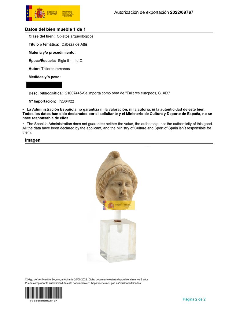 Αρχαία Ρωμαϊκή Μάρμαρο Κεφάλι γλυπτού του Attis. 2ος - 3ος αιώνας μ.Χ. 24 εκ. ύψος. Πολύ καλής ποιότητας. Ισπανική άδεια #3.2