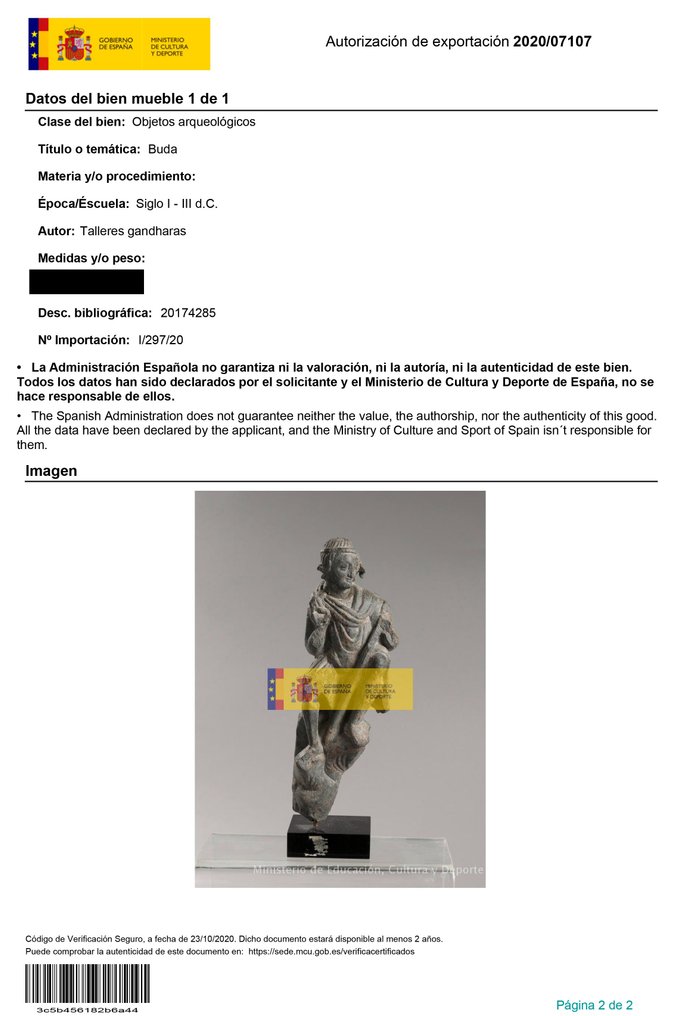 Gandhara Schiste Figure de Bouddha. 1er-3ème siècle après JC. Hauteur 23 cm. Licence d'exportation espagnole. #2.2