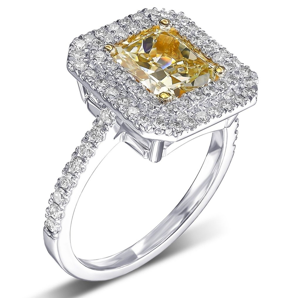 2.71 Cttw Fancy Yellow Diamonds Halo - 18K包金 白金, 黄金 - 戒指 - 2.01 ct 钻石 - Diamonds #1.2