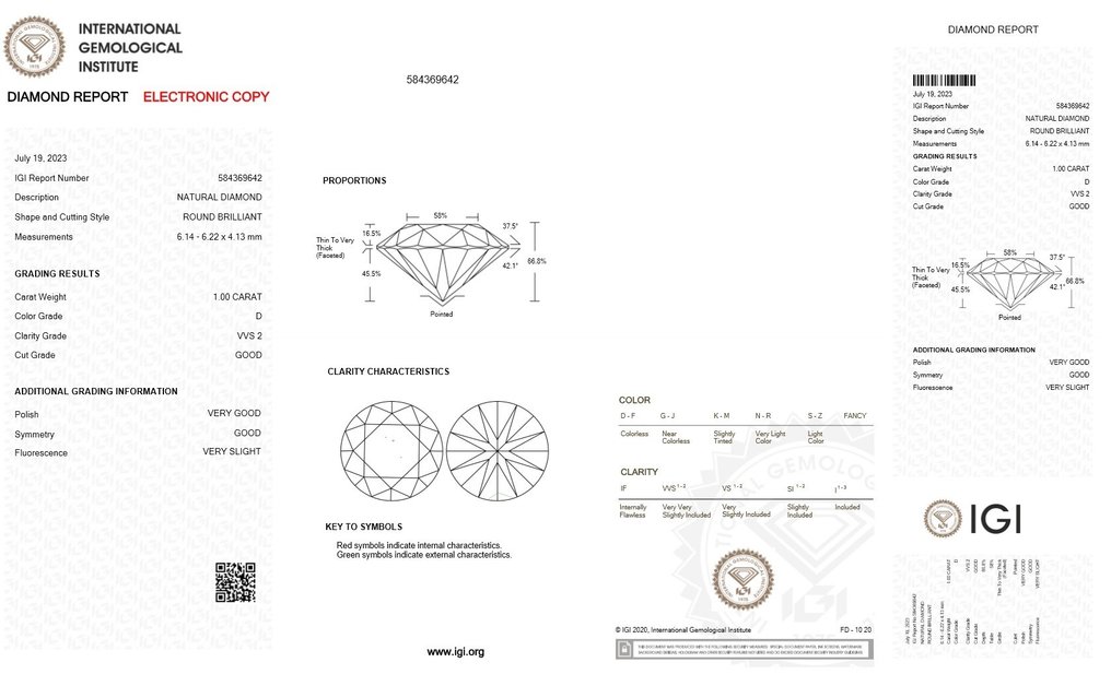 1 pcs Diamond  (Natural)  - 1.00 ct - D (colourless) - VVS2 - International Gemological Institute (IGI) #2.1