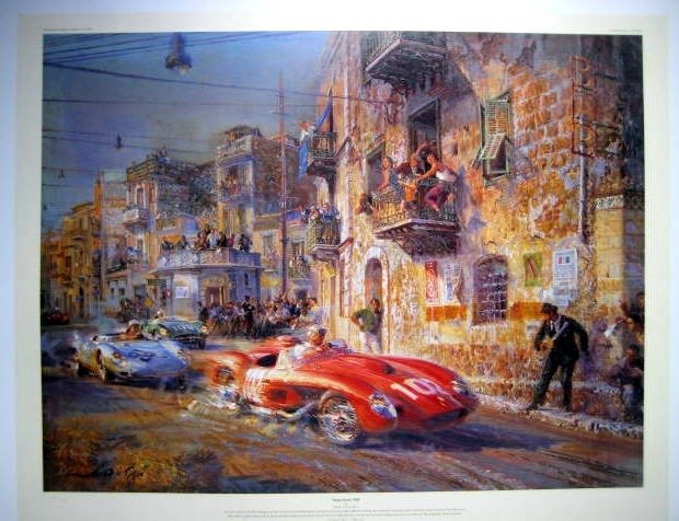 Ferrari 250 TRS/Von Trips leads the Porsche 1500 RSK/J.Behra and Moss in the Aston Martin DBR1 - "Targa Florio 1958" By Alfredo De La Maria - Ferrari #1.0