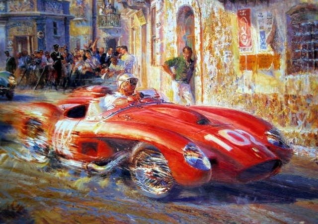 Ferrari 250 TRS/Von Trips leads the Porsche 1500 RSK/J.Behra and Moss in the Aston Martin DBR1 - "Targa Florio 1958" By Alfredo De La Maria - Ferrari #2.1