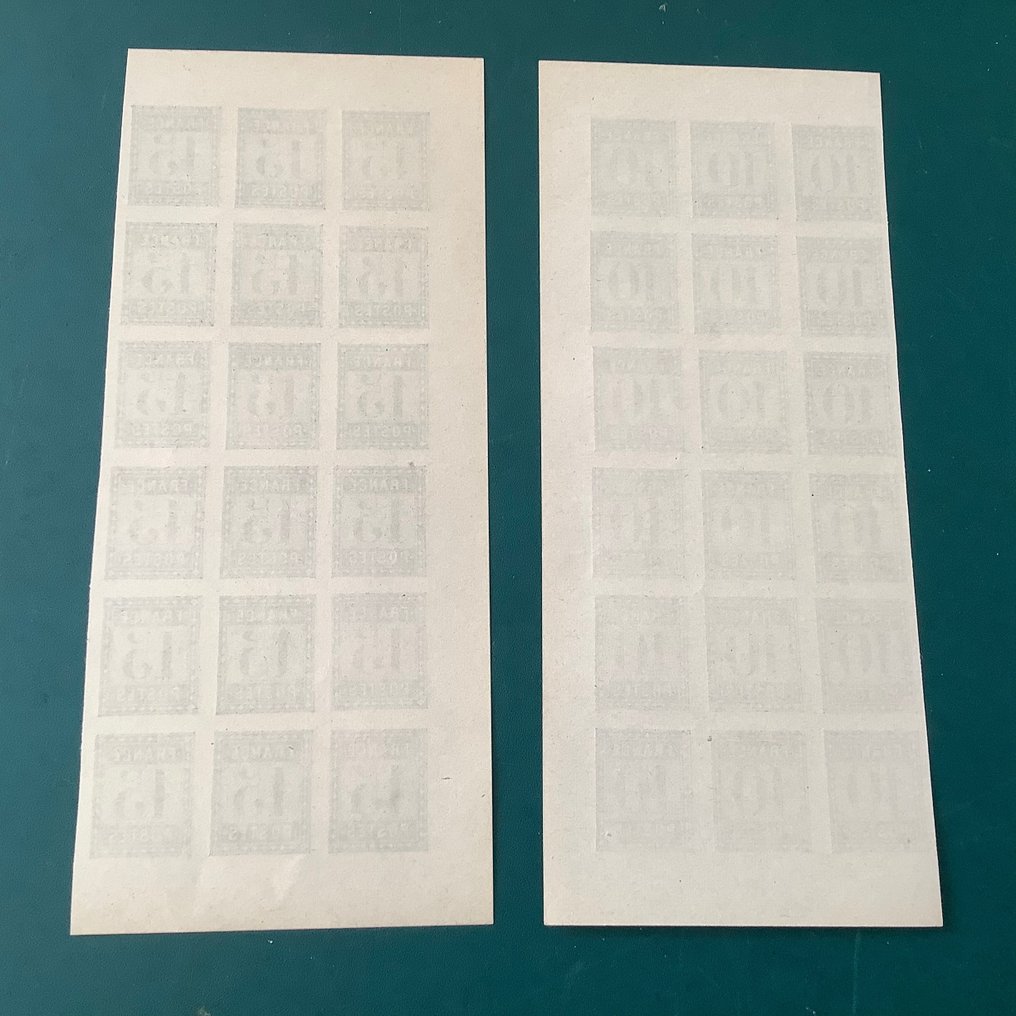 法國 1876 - 未發行的 10 生丁和 15 生丁郵票以及現場零件的反面印刷 - Maury #2.1