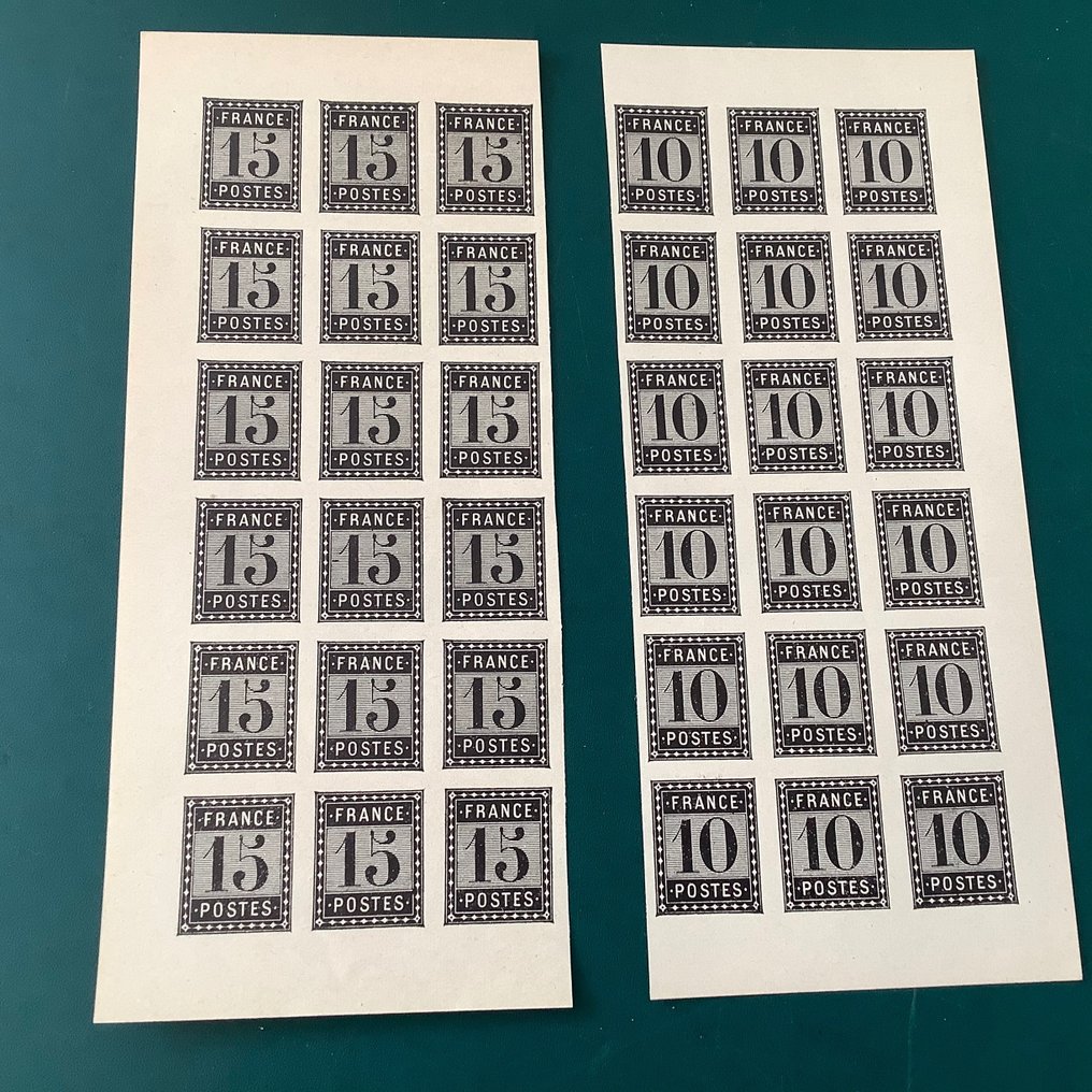 Frankreich 1876 - 10 und 15 Rappen unverausgabte Briefmarke und Rückseitendruck in Feldteilen - Maury #1.2