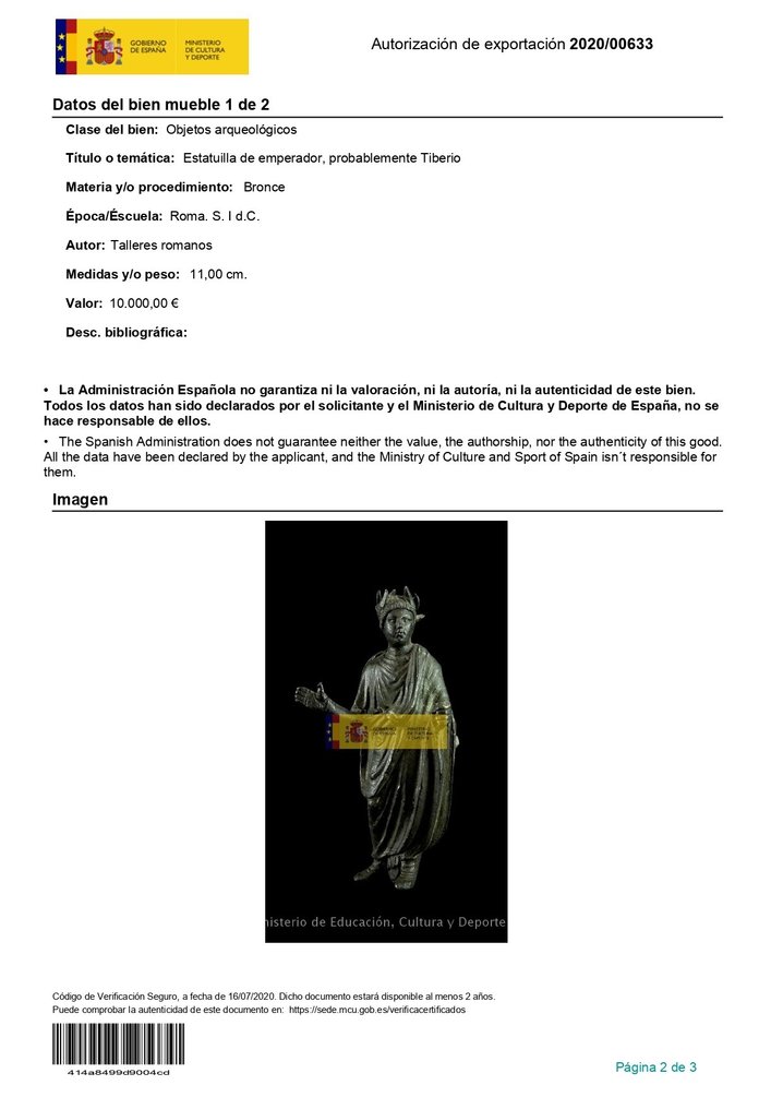 Romain antique Bronze Superbe statue de l'empereur Tibère. Licence d'exportation espagnole. - (1) #1.2