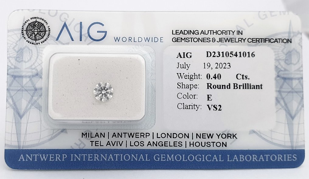1 pcs Diamant  (Natuurlijk)  - 0.40 ct - E - VS2 - Antwerp International Gemological Laboratories (AIG Israel) #1.1