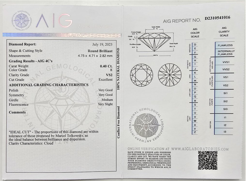 1 pcs Gyémánt  (Természetes)  - 0.40 ct - E - VS2 - Antwerpeni Nemzetközi Gemmológiai Laboratóriumok (AIG Israel) #2.1