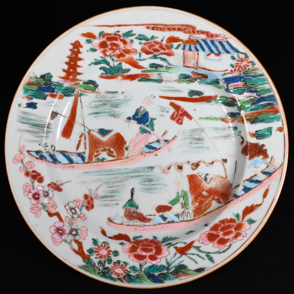 盘子 - Assiette en porcelaine à décor d'une scène de rivière - 瓷 #1.1