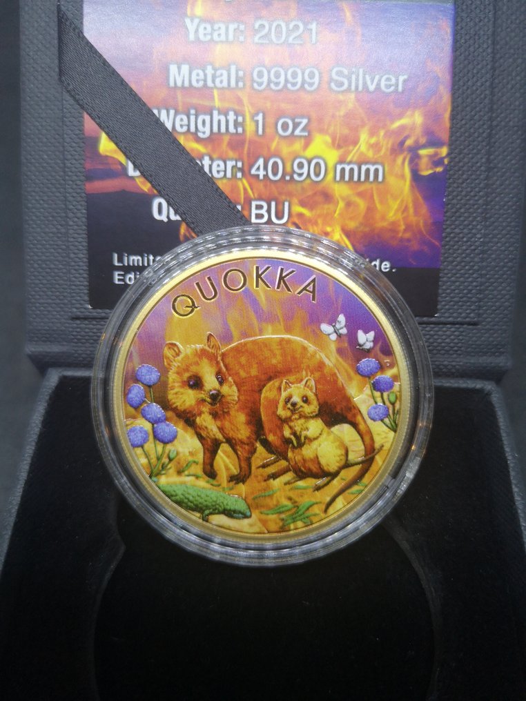 Australia. 1 Dollar 2021 Quokka - COA #1 - Burning - Gold Gilded, 1 Oz (.999)  (Ei pohjahintaa) #2.1