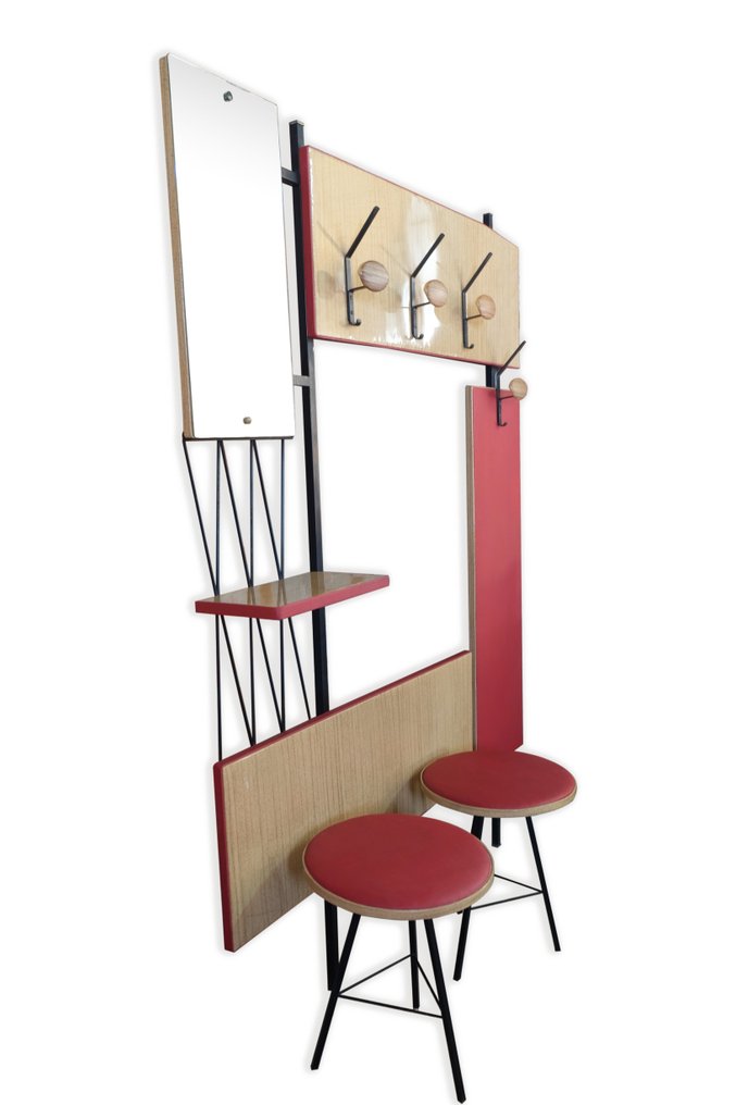 Coat rack - Italian wall coat hanger with two seating stools from the 1960s #2.1